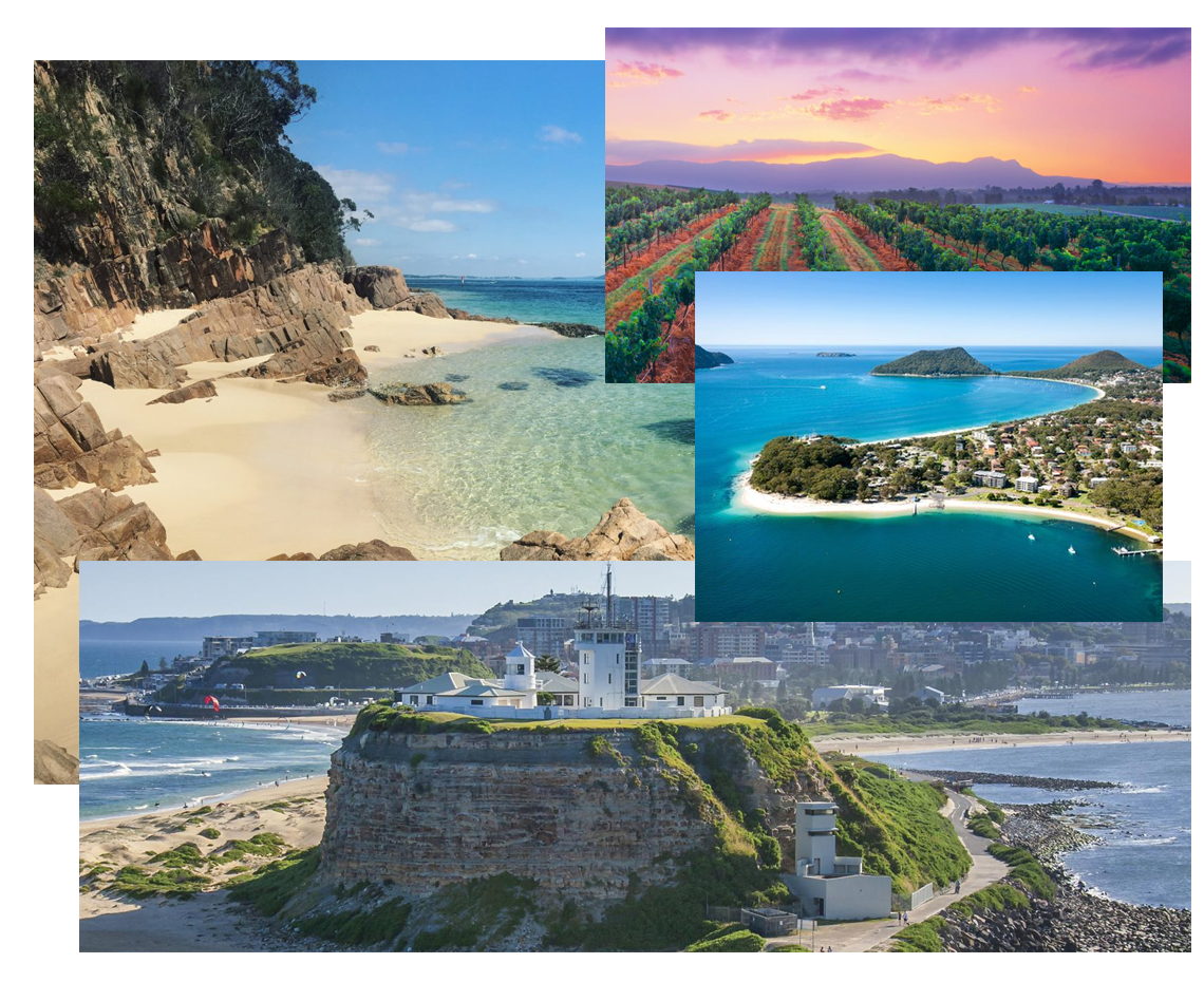 Collage of coastal, vineyard and Newcastle views from the supplied regional guide