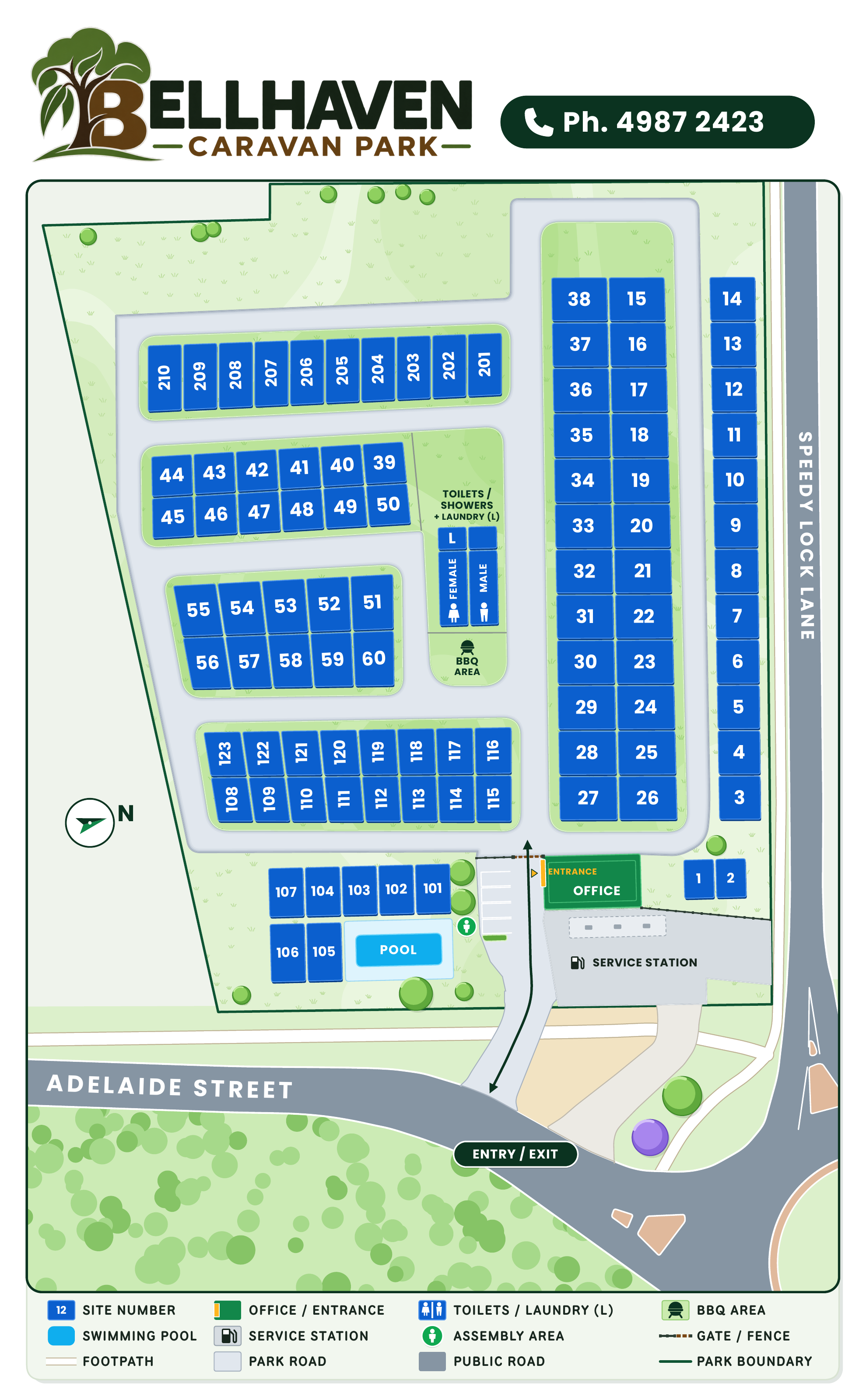 Bellhaven Caravan Park map showing numbered accommodation, roads, office, laundry and amenities